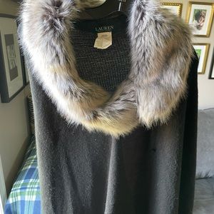 Lauren classic faux fur collar on a black wool like wrap.